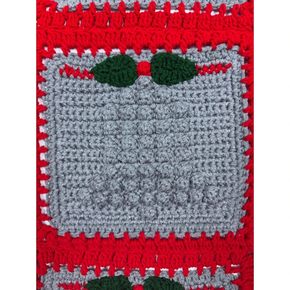 Handmade Crochet Bell Blanket 50x42 Red Grey Holiday‎ Bobble Throw